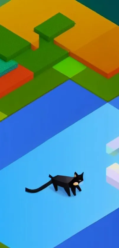 Vibrant geometric wallpaper with cat and colorful design.