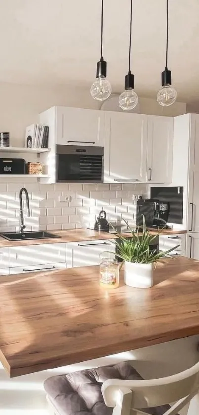 Modern minimalist kitchen with white cabinets and wooden countertop decor.