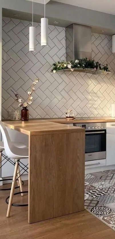 Modern kitchen with wooden island and sleek design.