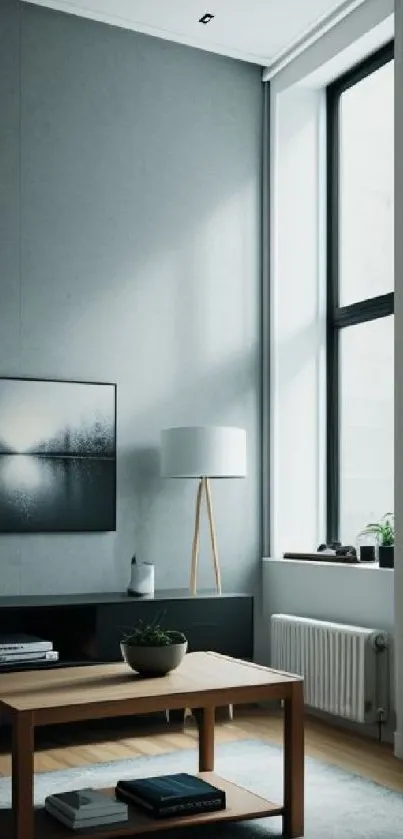 Minimalist living room interior with natural light and gray tones.