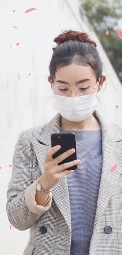 Woman in mask using smartphone outside with pink petals.