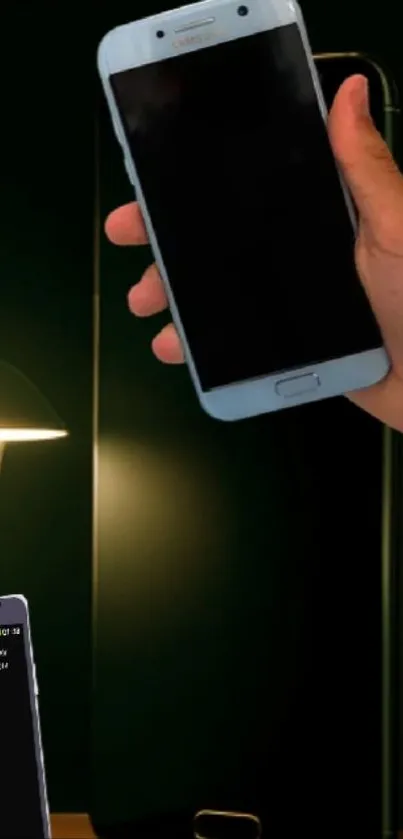 Hand holding a smartphone against a dark interior with lamp.