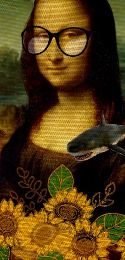 Mona Lisa with glasses, shark, and flowers in modern art style.