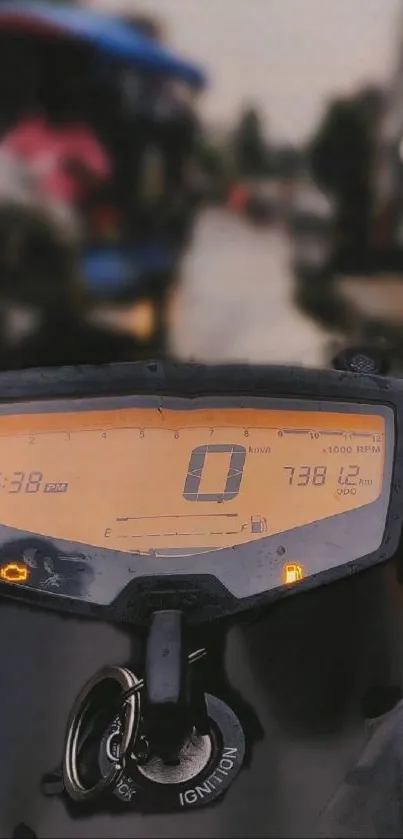 Digital motorcycle dashboard at dusk with glowing display in focus.