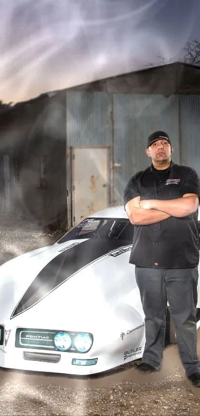 Man beside sleek white car in misty industrial setting.