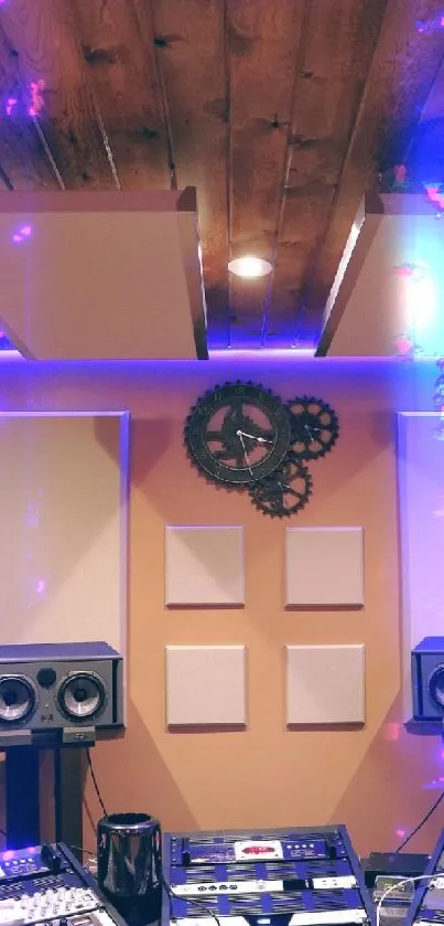Contemporary music studio with wooden ceiling and equipment.