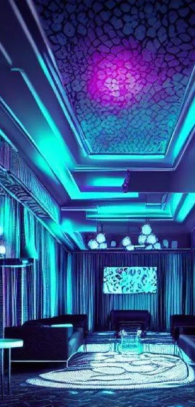 Modern neon-themed room wallpaper with blue and purple lighting.