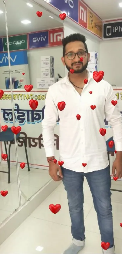 Man in white shirt at a mobile phone store with tech displays.