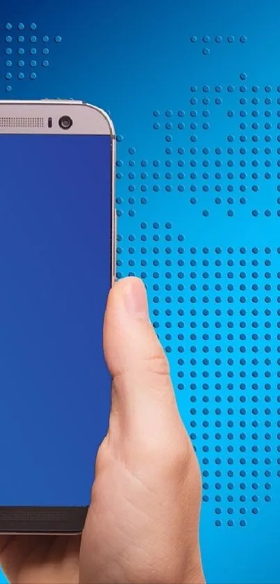 Hand holding a smartphone with a blue tech-themed background.