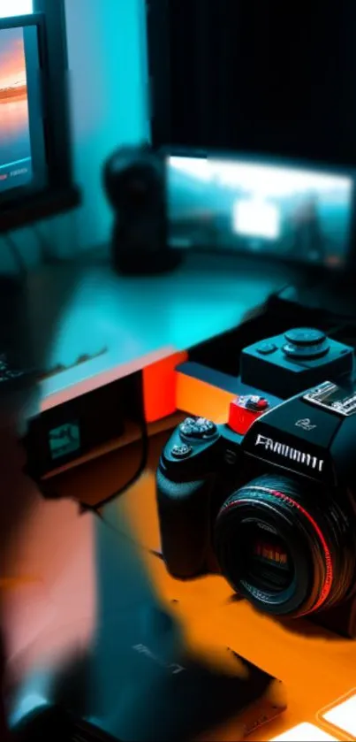 Modern desktop setup with a professional camera glowing under vibrant lighting.