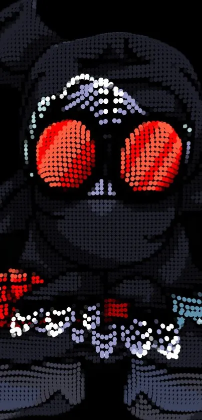 Pixel art ninja with red accents on a dark mobile wallpaper background.