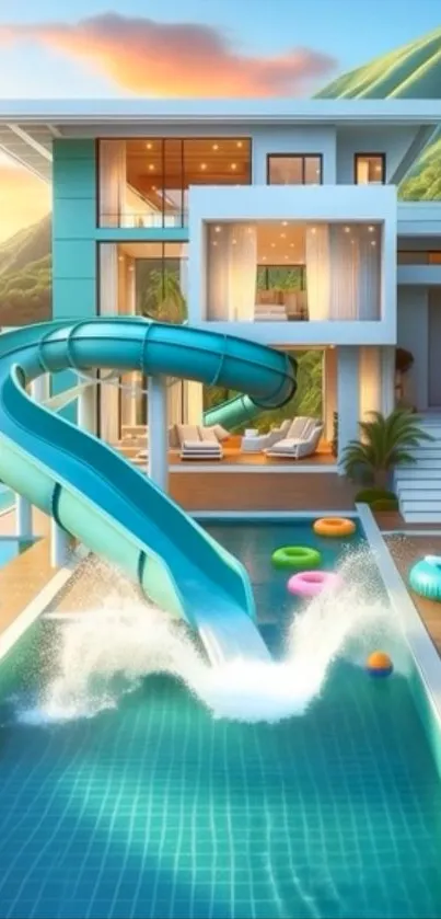 Modern house with pool and mountain backdrop.