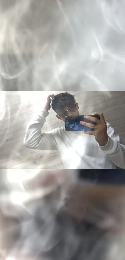 Reflective mirror selfie with smoke and light effects in a modern style.