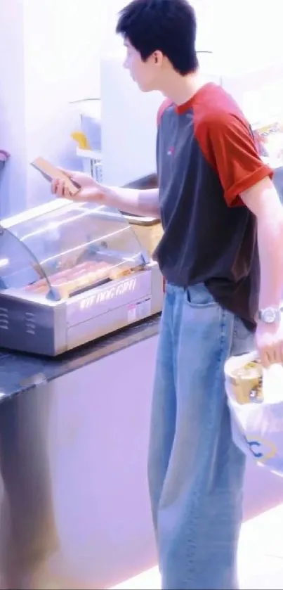 Young individual shopping in a modern convenience store setting.