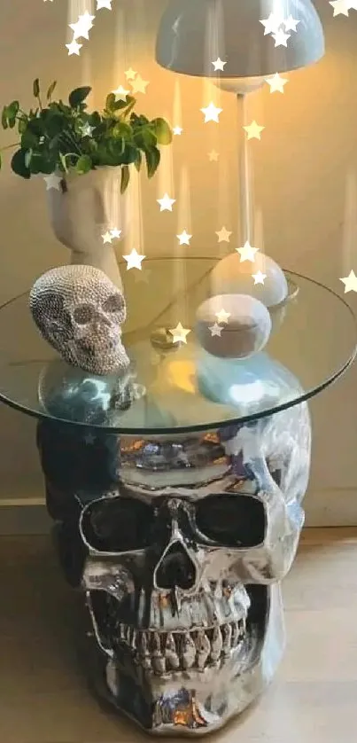 Modern skull table decor with glass top and lamp.