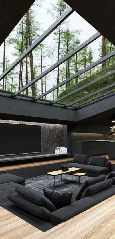 Modern living room with skylight and nature view.