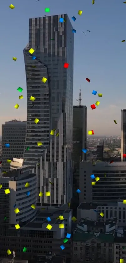 Tall modern skyscraper with colorful confetti in city skyline.