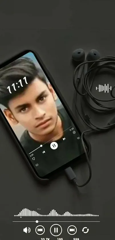 Smartphone with earphones on a dark background, displaying music interface.