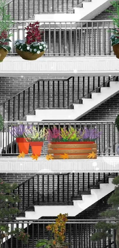 Modern staircase wallpaper with vibrant potted plants.