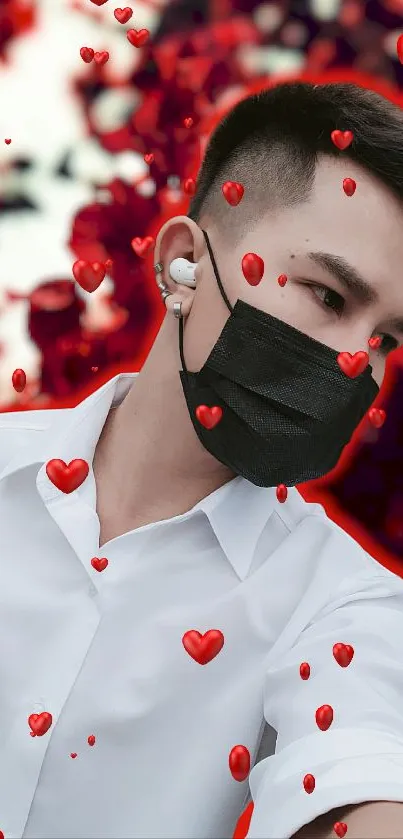 Stylish person with black mask and red hearts background.