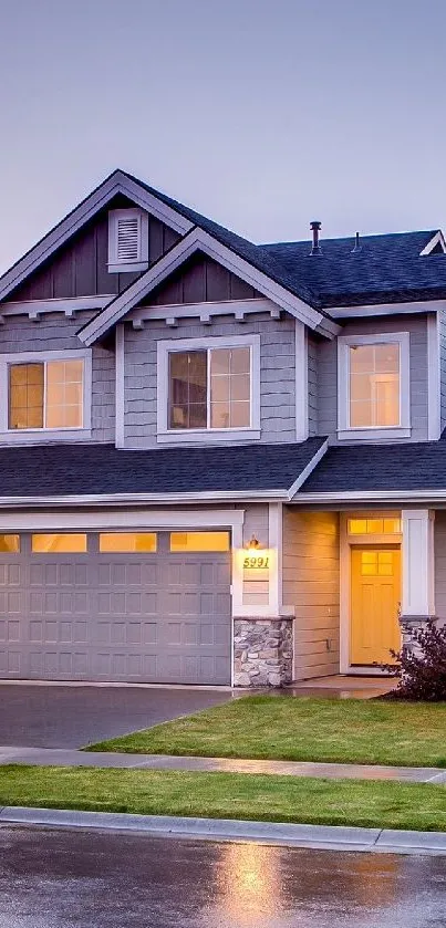 Modern suburban home under evening sky with wet pavement.