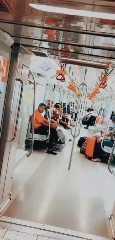 Interior shot of a modern subway with commuters seated inside.