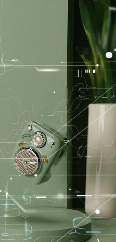 Sage green tech-themed wallpaper with futuristic elements.