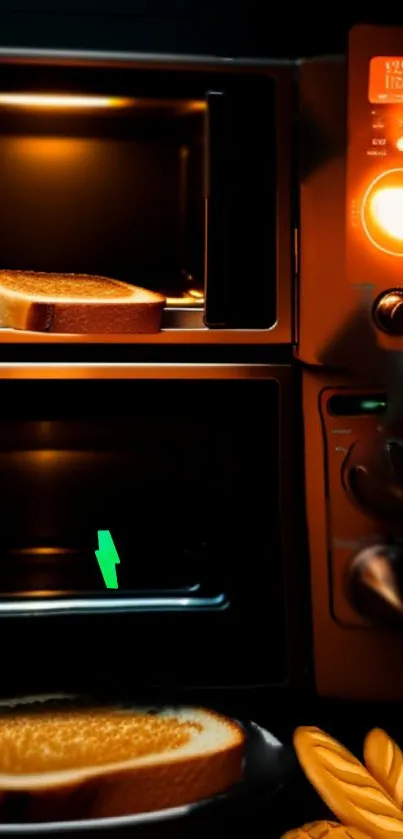 Sleek toaster oven with warm orange glow and toasted bread slices.