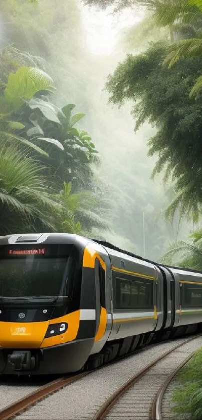 Modern train on jungle tracks with lush green foliage.