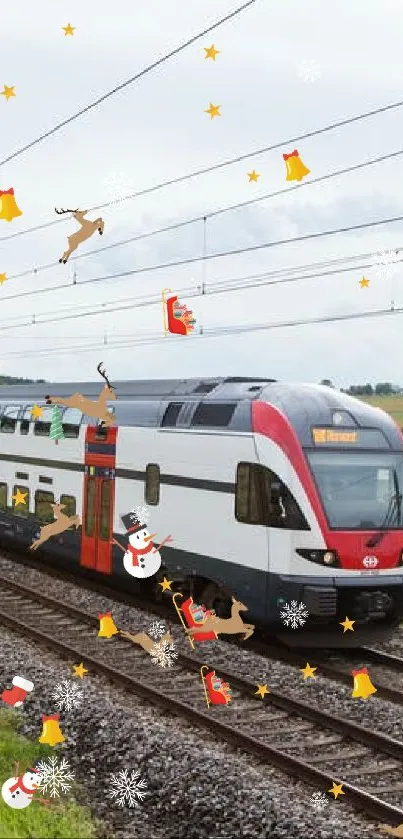 Modern train traveling through scenic rural landscape.