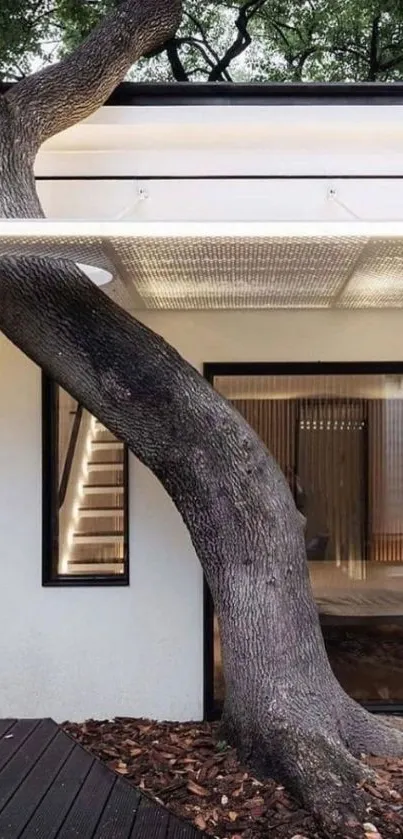 Unique tree growing through modern house design.