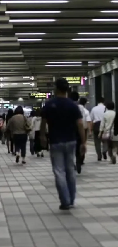 Urban subway station with commuters in a tiled corridor.