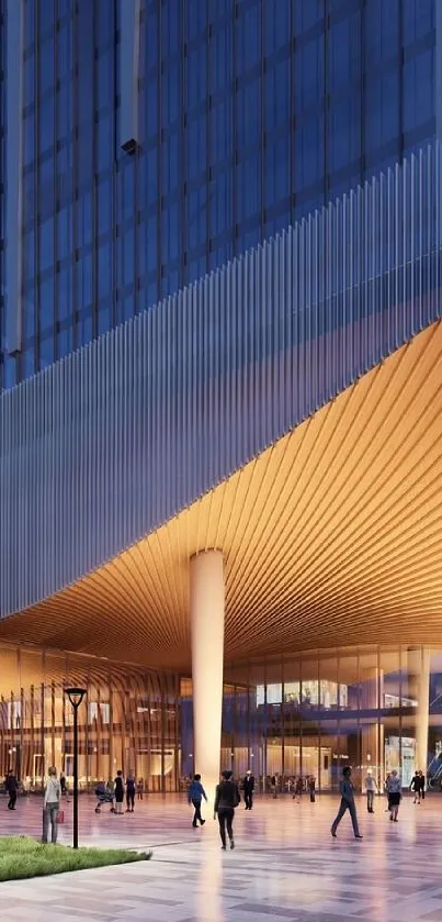 Modern skyscraper illuminated at night with urban scenery.