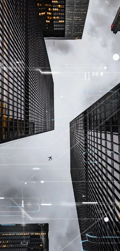 Skyscrapers stretching into cloudy sky with a plane overhead, urban cityscape.