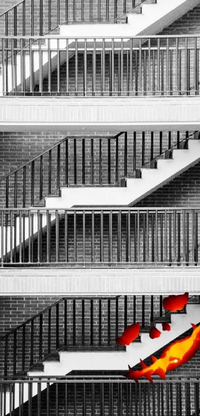 Black and white stairs with vibrant orange highlights in an urban setting.