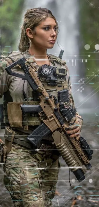 Warrior in tactical gear by waterfall in nature.