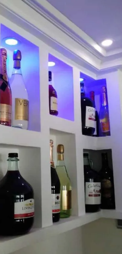 Modern wine shelf with blue lighting and assorted bottles.