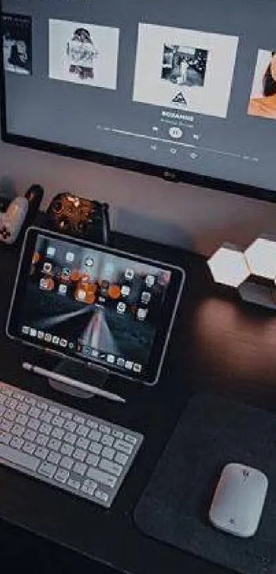 Modern tech setup with tablet and accessories on a sleek desk.