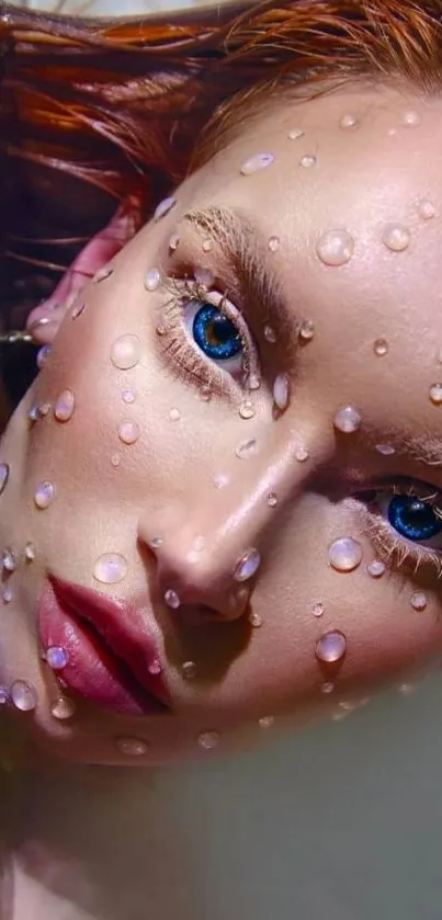 Close-up portrait with water droplets effect and vivid blue eyes.