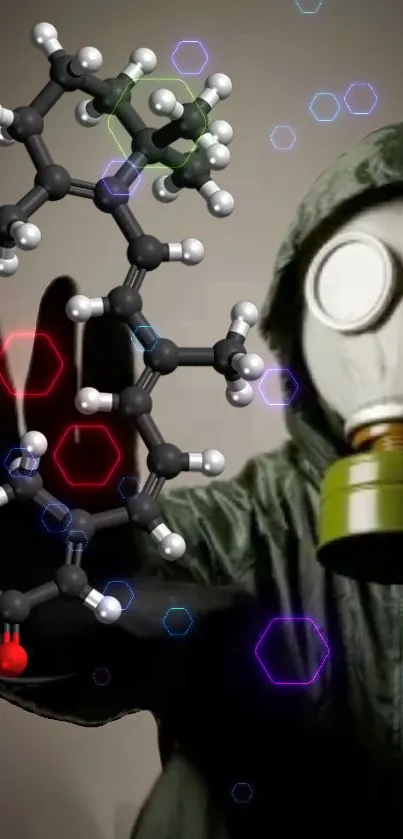 Hooded figure with gas mask and molecular artwork in neon.