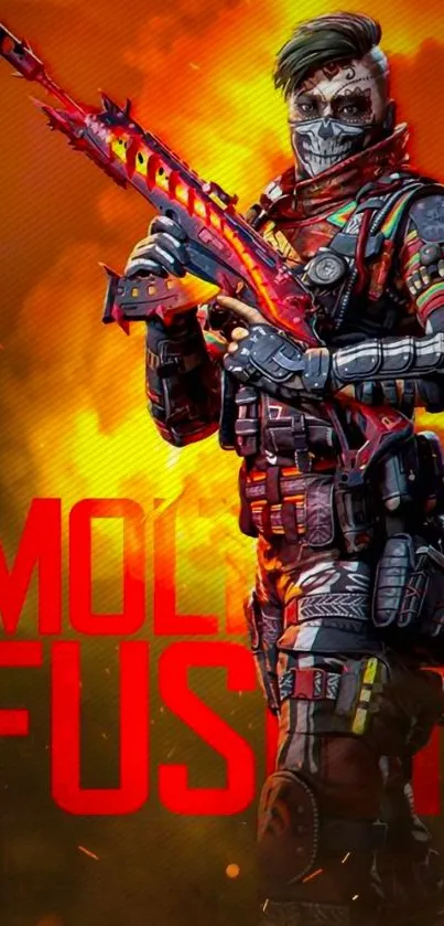 Molten Fusion character from Call of Duty with fiery orange background.