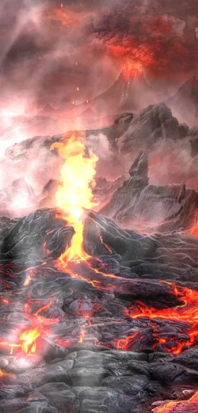 Molten lava flowing through a rocky, fiery landscape during a volcanic eruption.