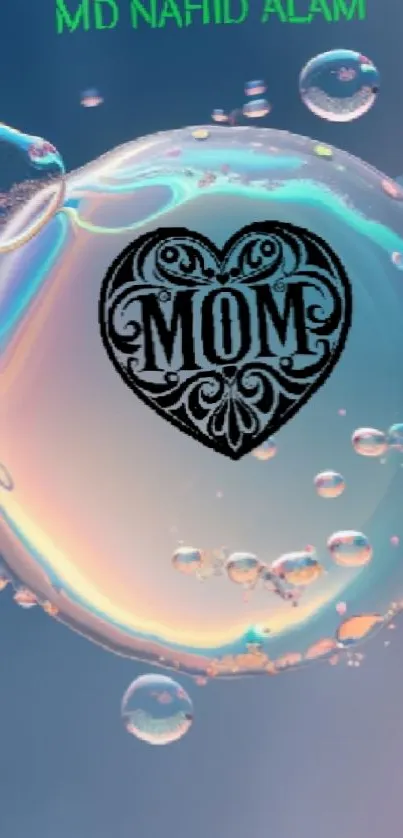 Heart with 'MOM' inside a bubble on vibrant background.