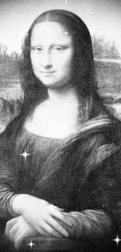 Grayscale Mona Lisa portrait wallpaper with vintage artistic elements.