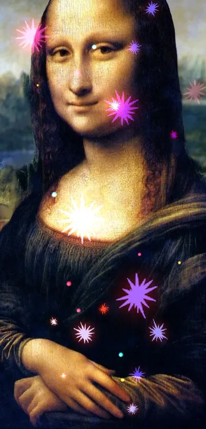 Mona Lisa with colorful neon star accents on a mobile wallpaper.