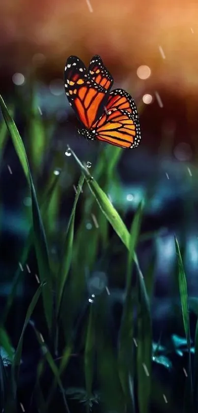 A monarch butterfly fluttering above green grass with warm sunlight.