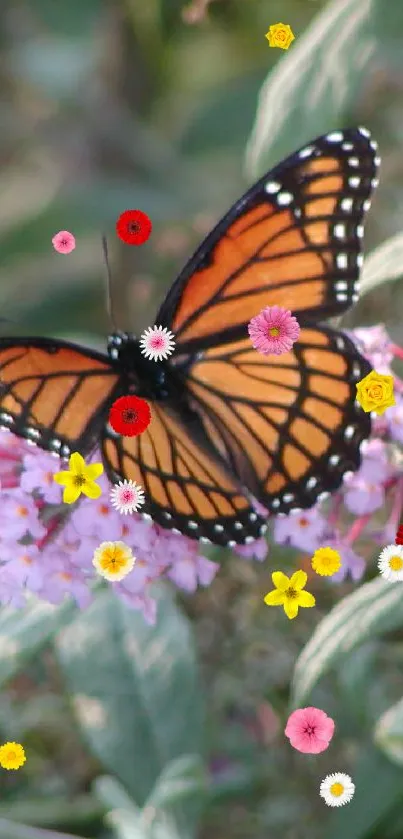 Monarch butterfly resting on pink flowers with green leafy background.