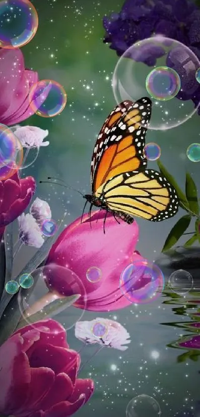 Monarch butterfly on pink tulips with bubbles.