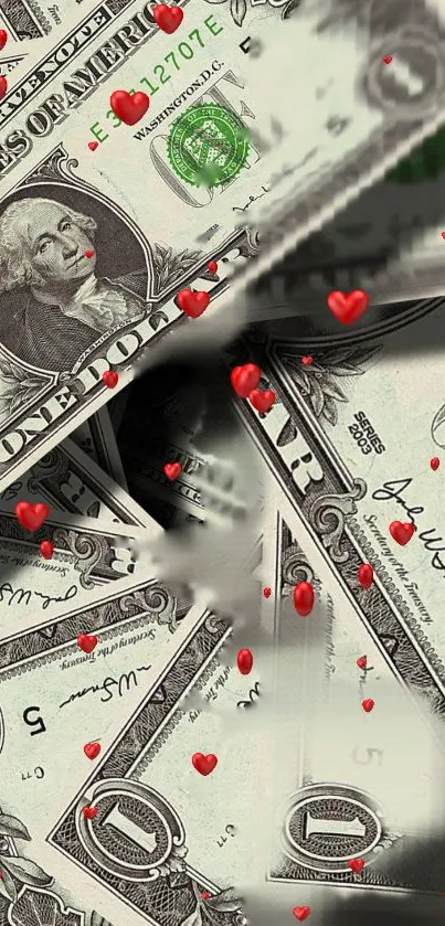 Dollar bills with red hearts mobile wallpaper.