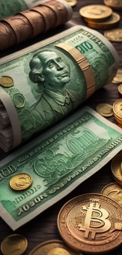 Mobile wallpaper featuring dollar bills and Bitcoin coin on a wooden surface.